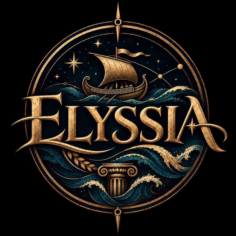 Elyssia’s gold and navy emblem with a Greek ship, waves, and compass points